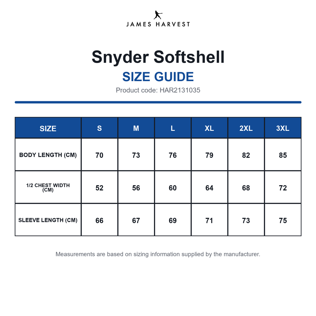 HAR2131035 James Harvest Snyder Softshell size guide (HAR2131035)