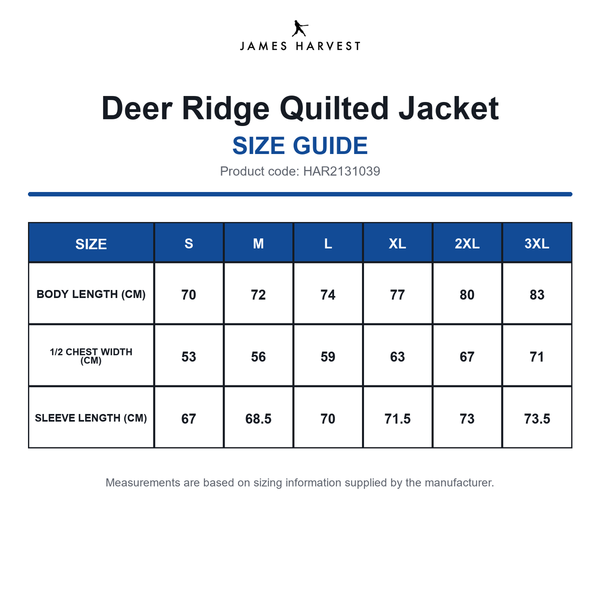 HAR2131039 James Harvest Deer Ridge Quilted Jacket size guide (HAR2131039)