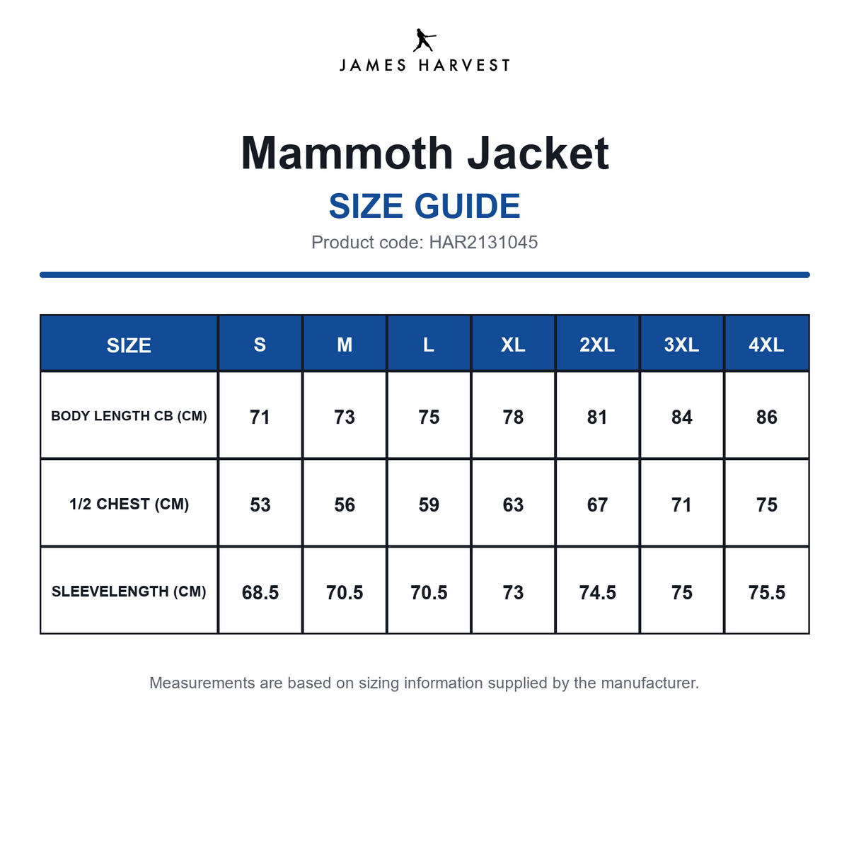 HAR2131045 James Harvest Mammoth Jacket size guide (HAR2131045)