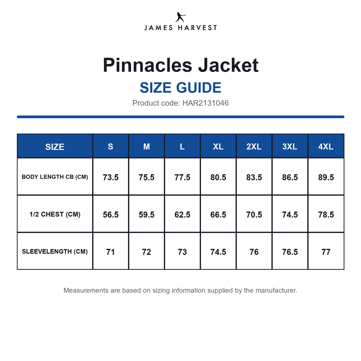 HAR2131046 James Harvest Pinnacles Jacket size guide (HAR2131046)