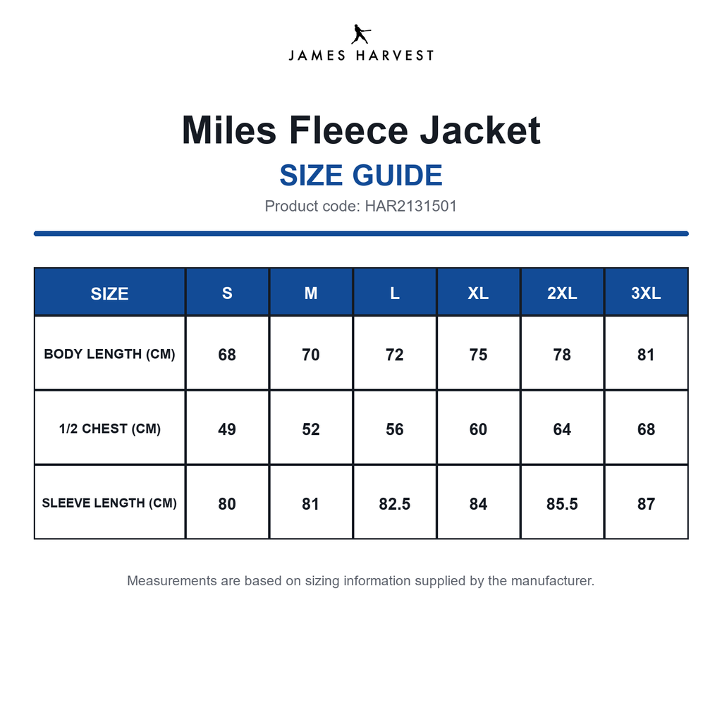 HAR2131501 James Harvest Miles Fleece Jacket size guide (HAR2131501)