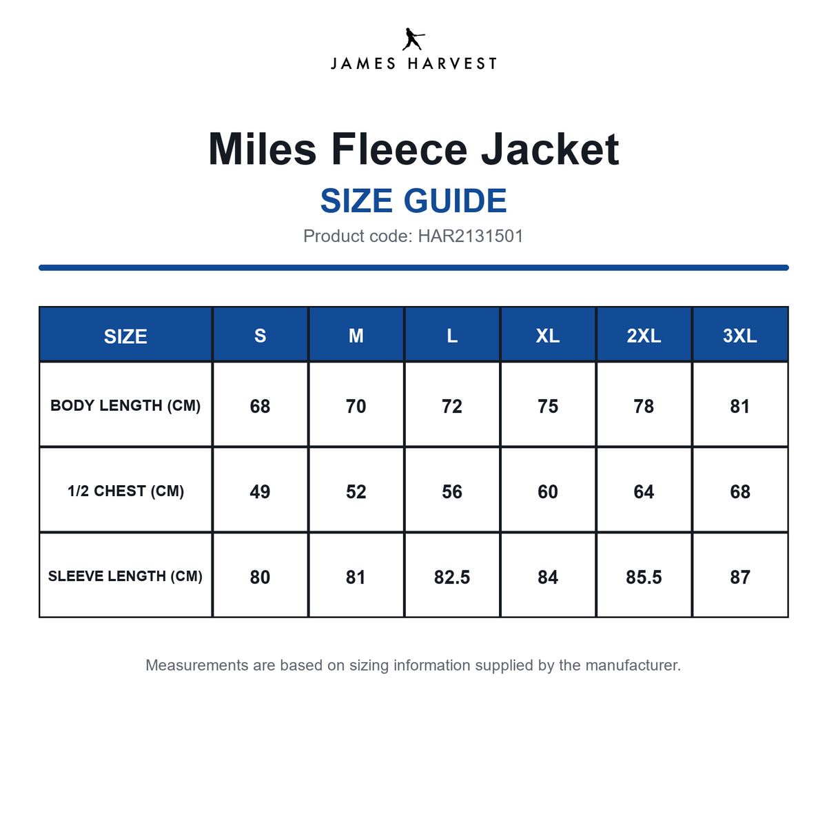 HAR2131501 James Harvest Miles Fleece Jacket size guide (HAR2131501)