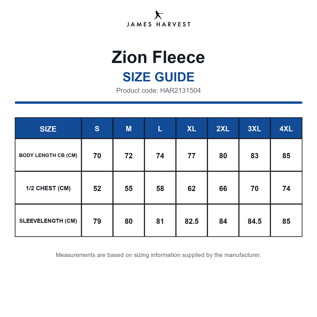 HAR2131504 James Harvest Zion Fleece size guide (HAR2131504)