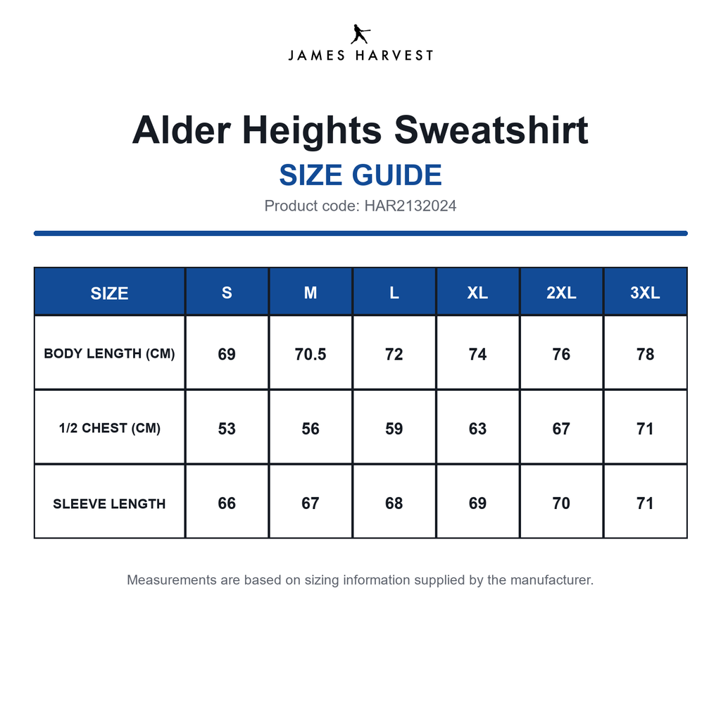 HAR2132024 James Harvest Alder Heights Sweatshirt size guide (HAR2132024)