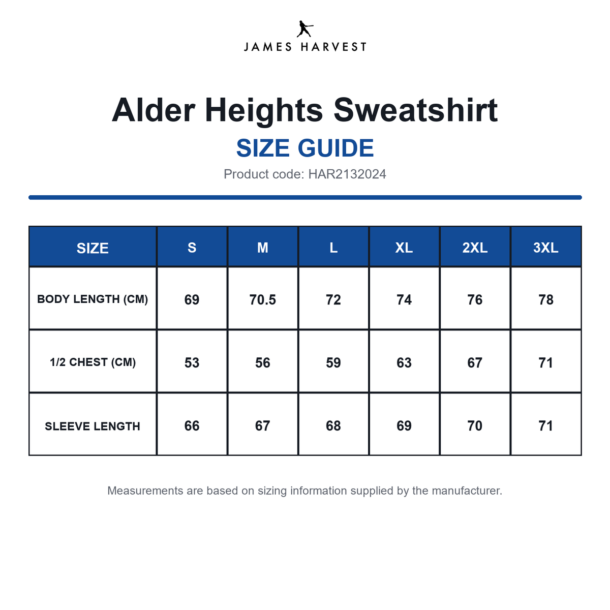 HAR2132024 James Harvest Alder Heights Sweatshirt size guide (HAR2132024)
