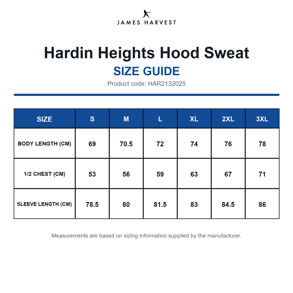HAR2132025 James Harvest Hardin Heights Hood Sweat size guide (HAR2132025)