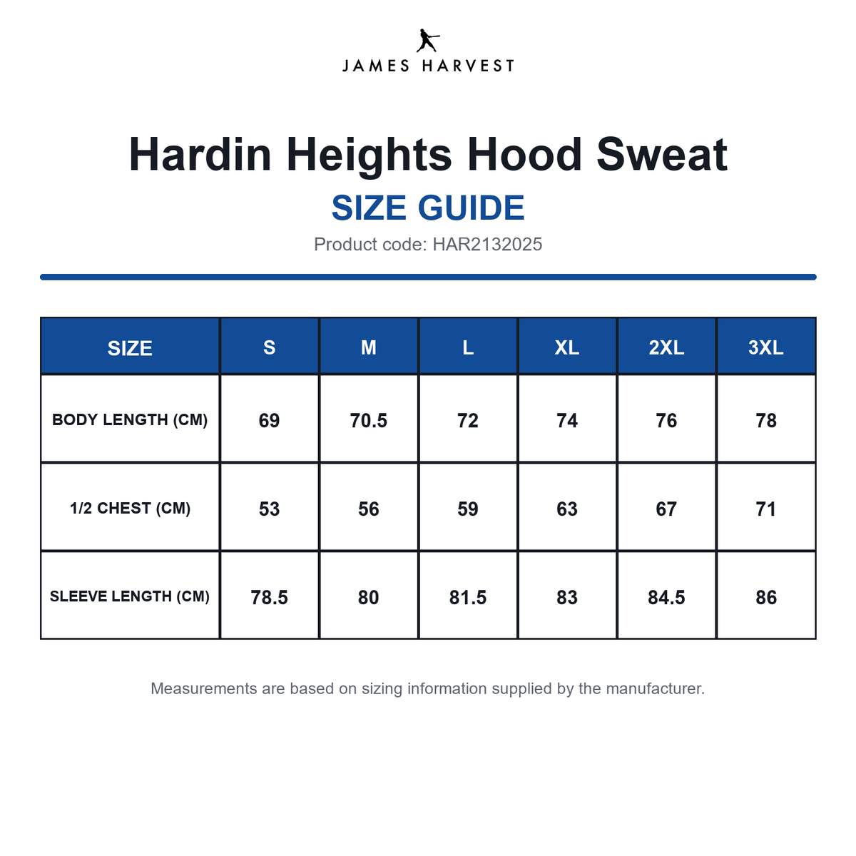 HAR2132025 James Harvest Hardin Heights Hood Sweat size guide (HAR2132025)