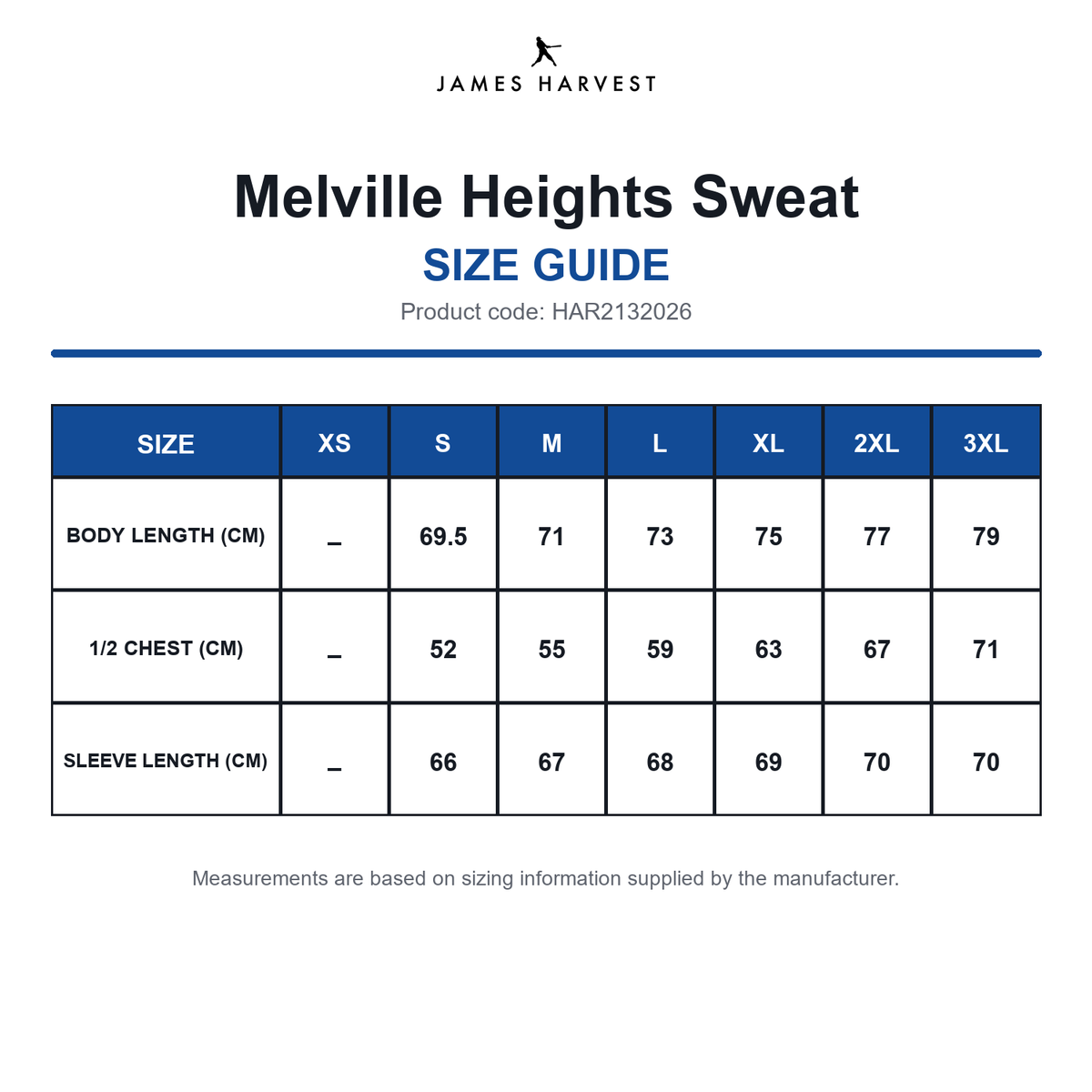 HAR2132026 James Harvest Melville Heights Sweat size guide (HAR2132026)