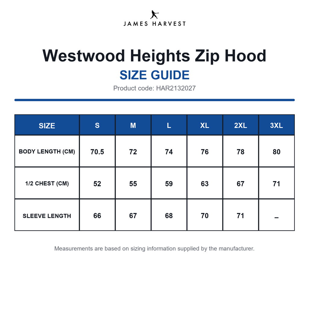 HAR2132027 James Harvest Westwood Heights Zip Hood size guide (HAR2132027)