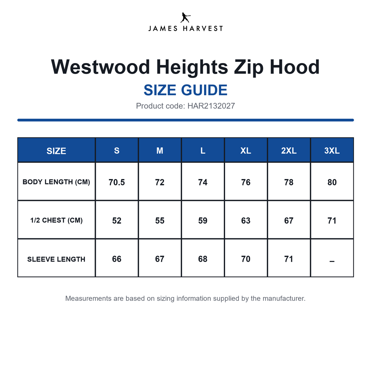 HAR2132027 James Harvest Westwood Heights Zip Hood size guide (HAR2132027)
