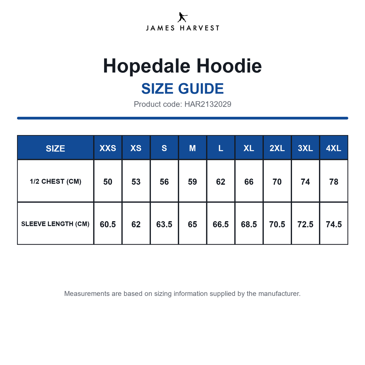 HAR2132029 James Harvest Hopedale Hoodie size guide (HAR2132029)