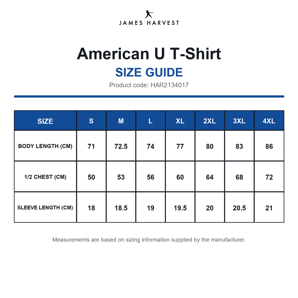 HAR2134017 James Harvest American U T-Shirt size guide (HAR2134017)