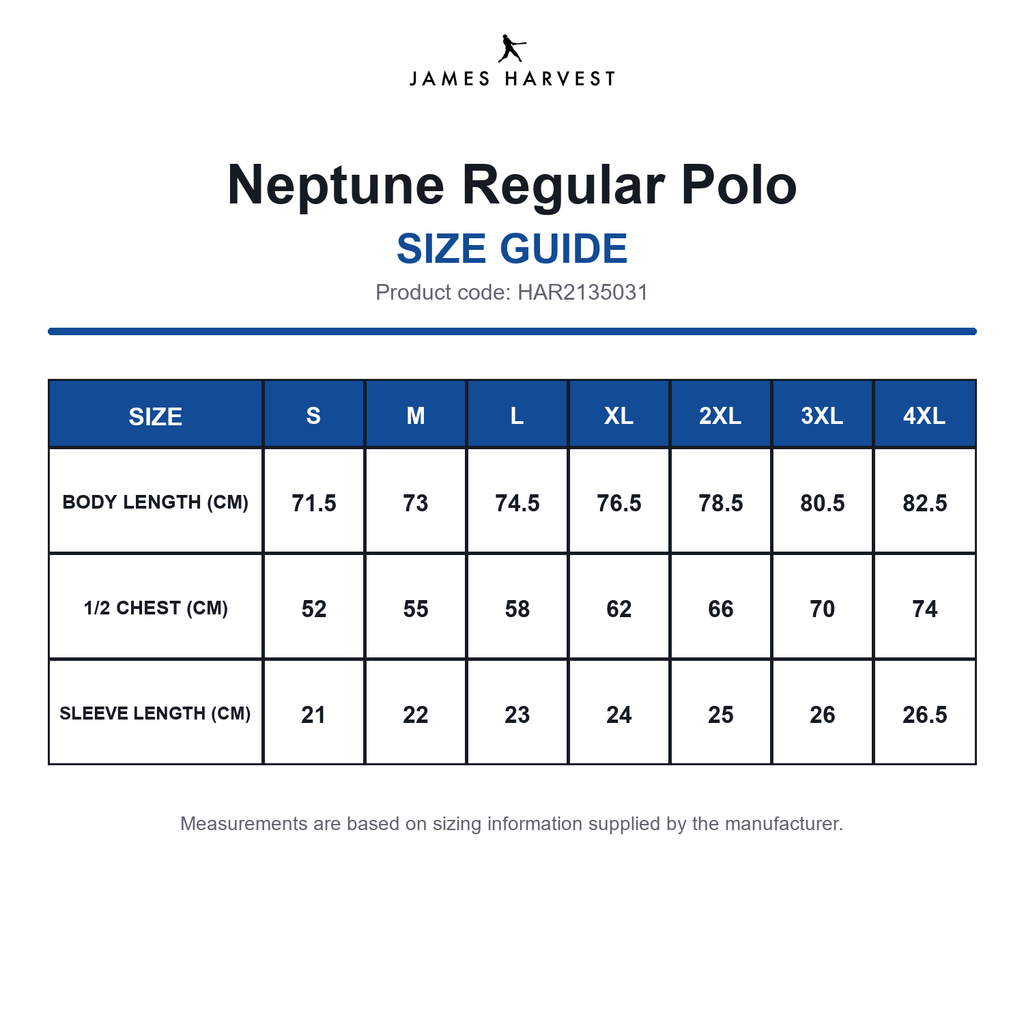 HAR2135031 James Harvest Neptune Regular Polo size guide (HAR2135031)