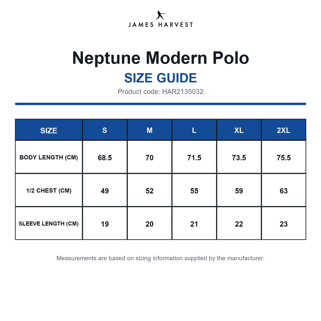 HAR2135032 James Harvest Neptune Modern Polo size guide (HAR2135032)