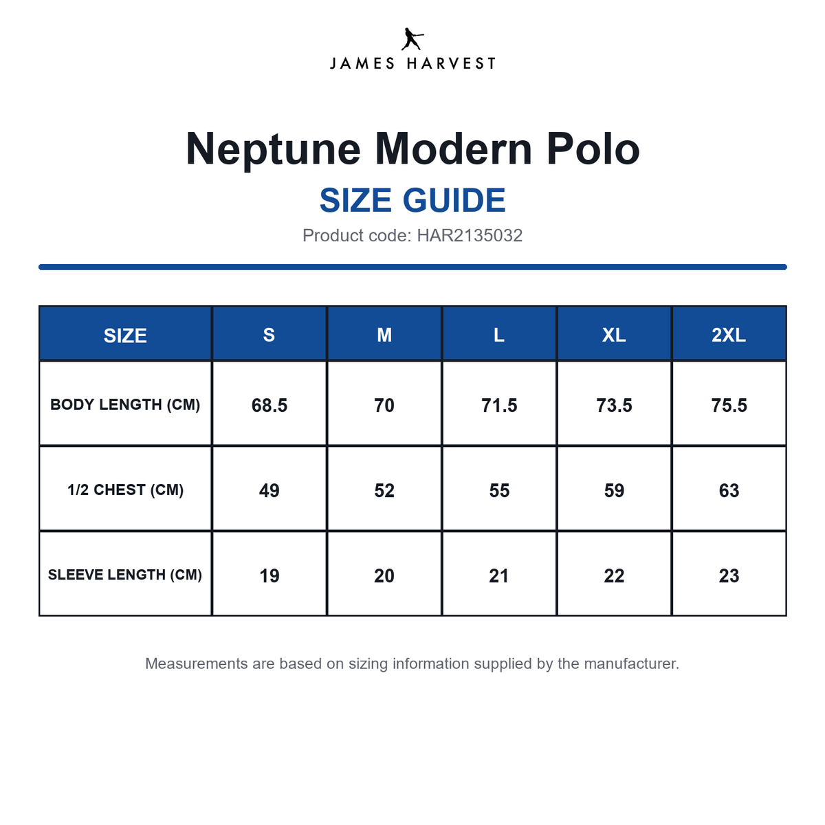 HAR2135032 James Harvest Neptune Modern Polo size guide (HAR2135032)