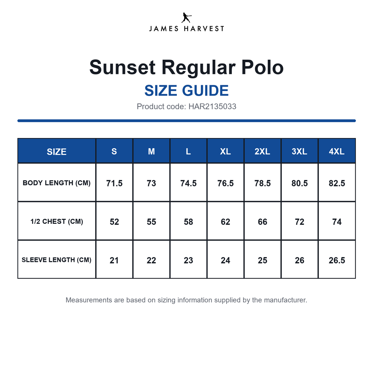 HAR2135033 James Harvest Sunset Regular Polo size guide (HAR2135033)