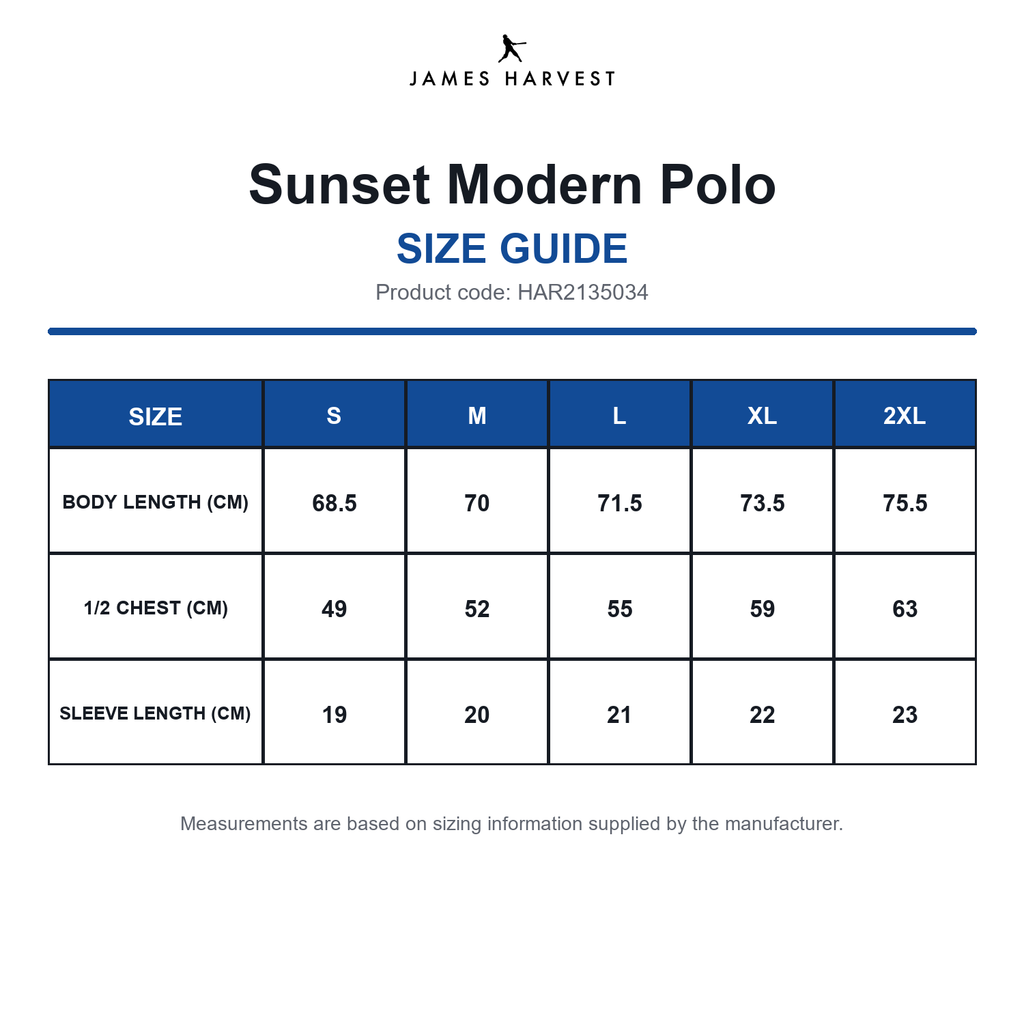 HAR2135034 James Harvest Sunset Modern Polo size guide (HAR2135034)
