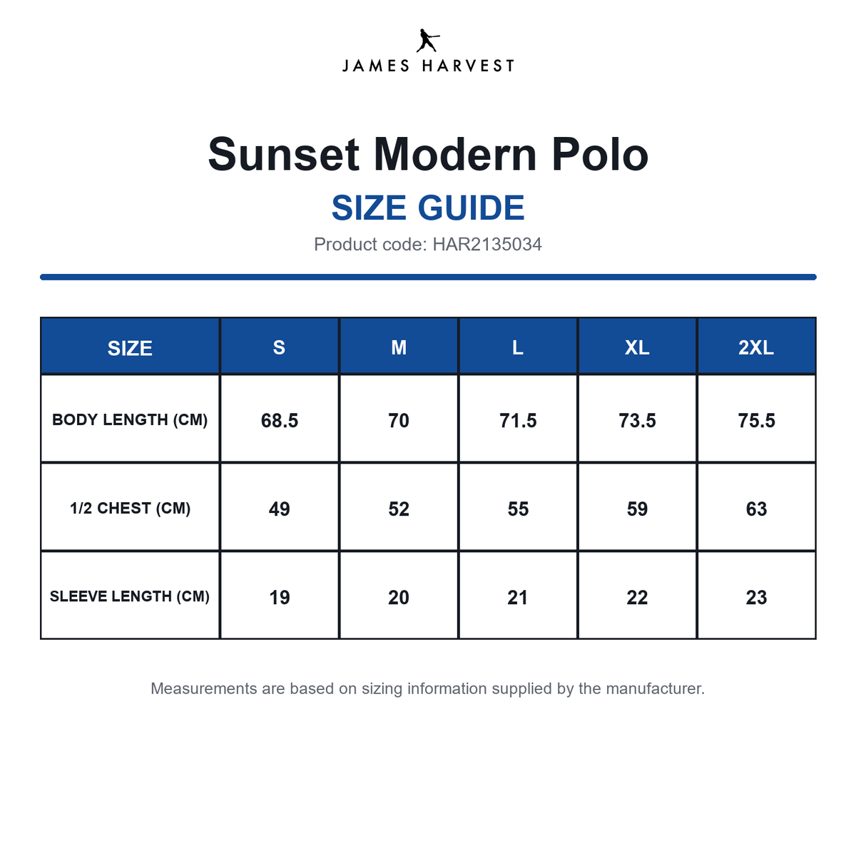 HAR2135034 James Harvest Sunset Modern Polo size guide (HAR2135034)