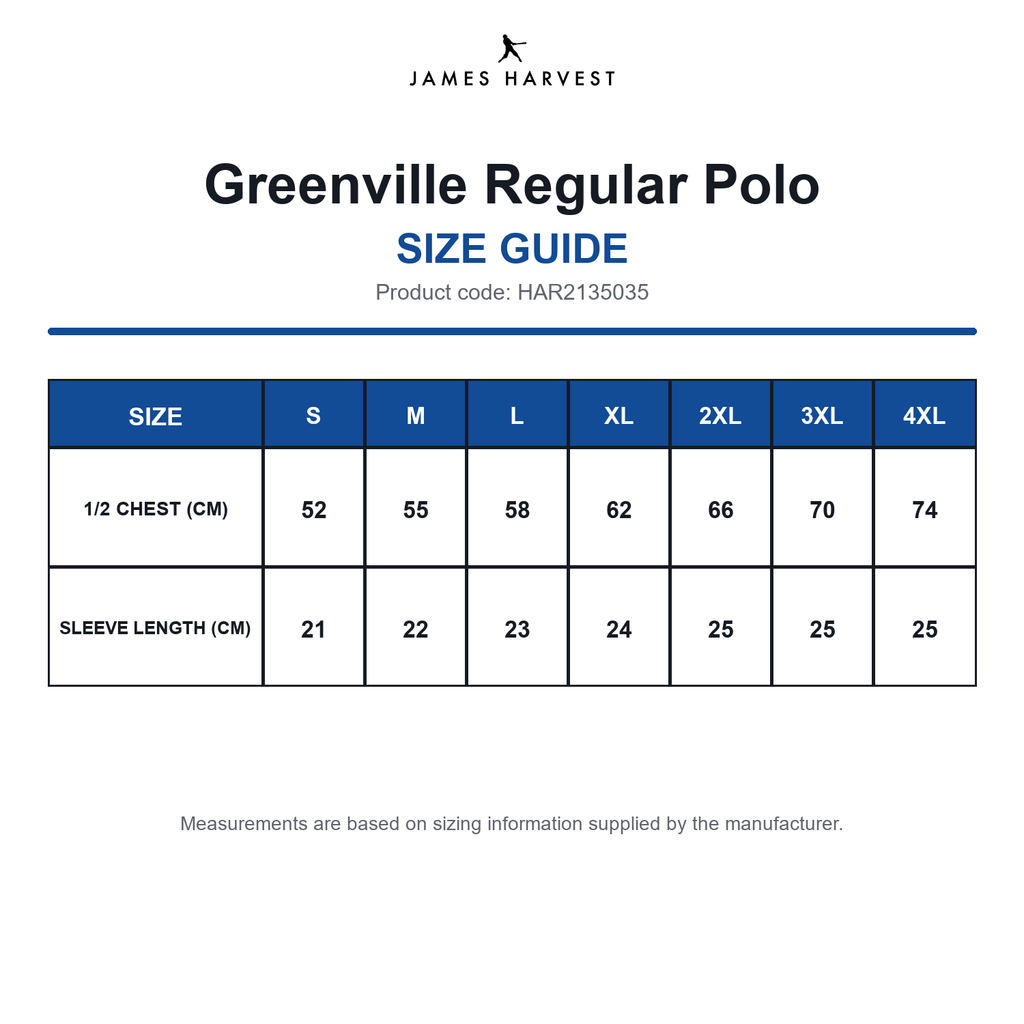 HAR2135035 James Harvest Greenville Regular Polo size guide (HAR2135035)
