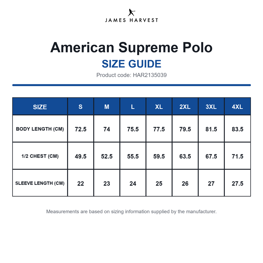 HAR2135039 James Harvest American Supreme Polo size guide (HAR2135039)