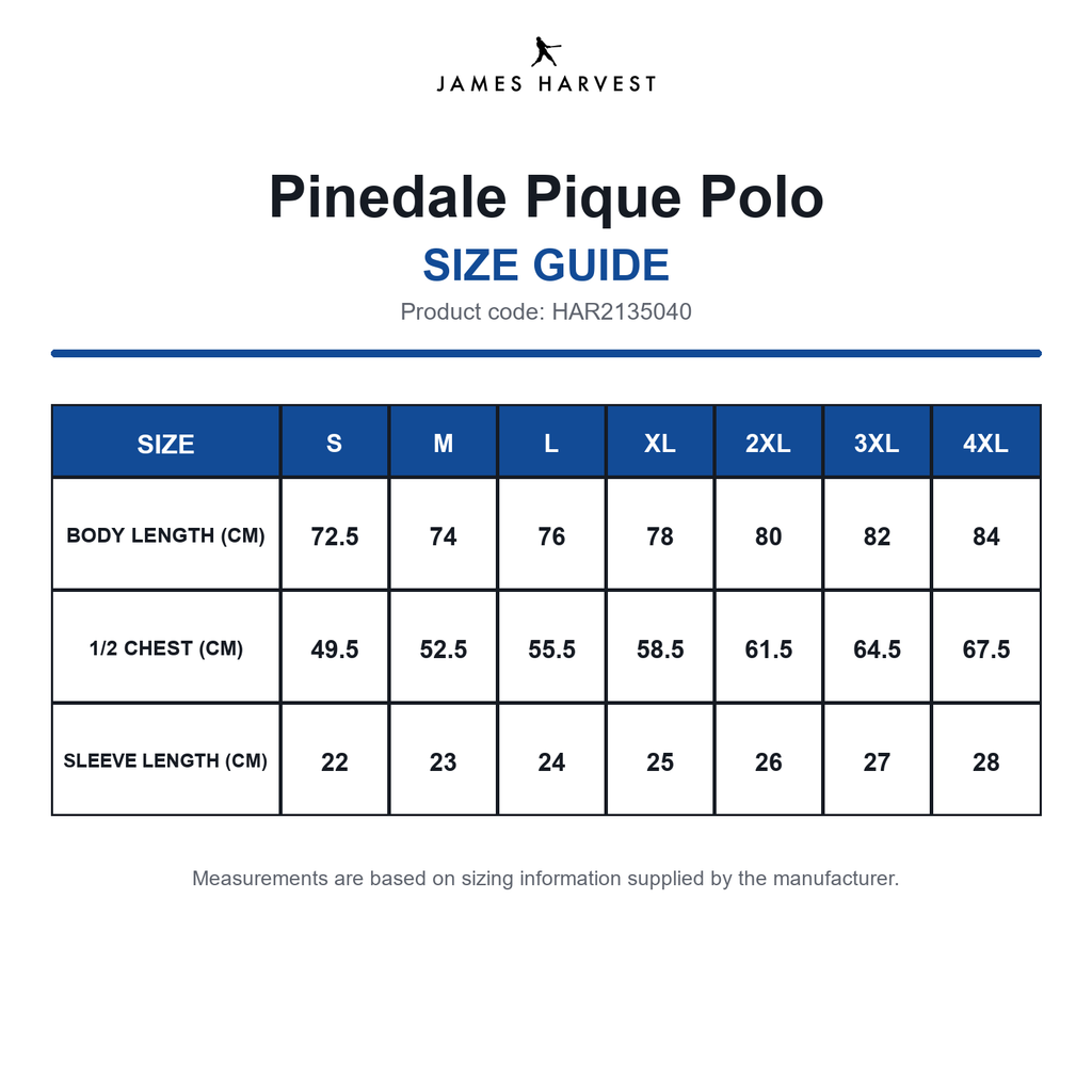 HAR2135040 James Harvest Pinedale Pique Polo size guide (HAR2135040)