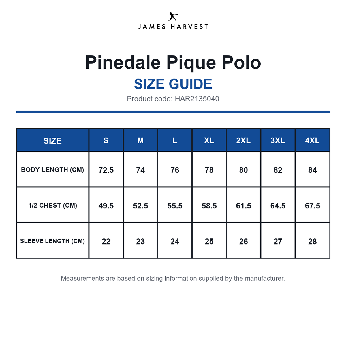 HAR2135040 James Harvest Pinedale Pique Polo size guide (HAR2135040)