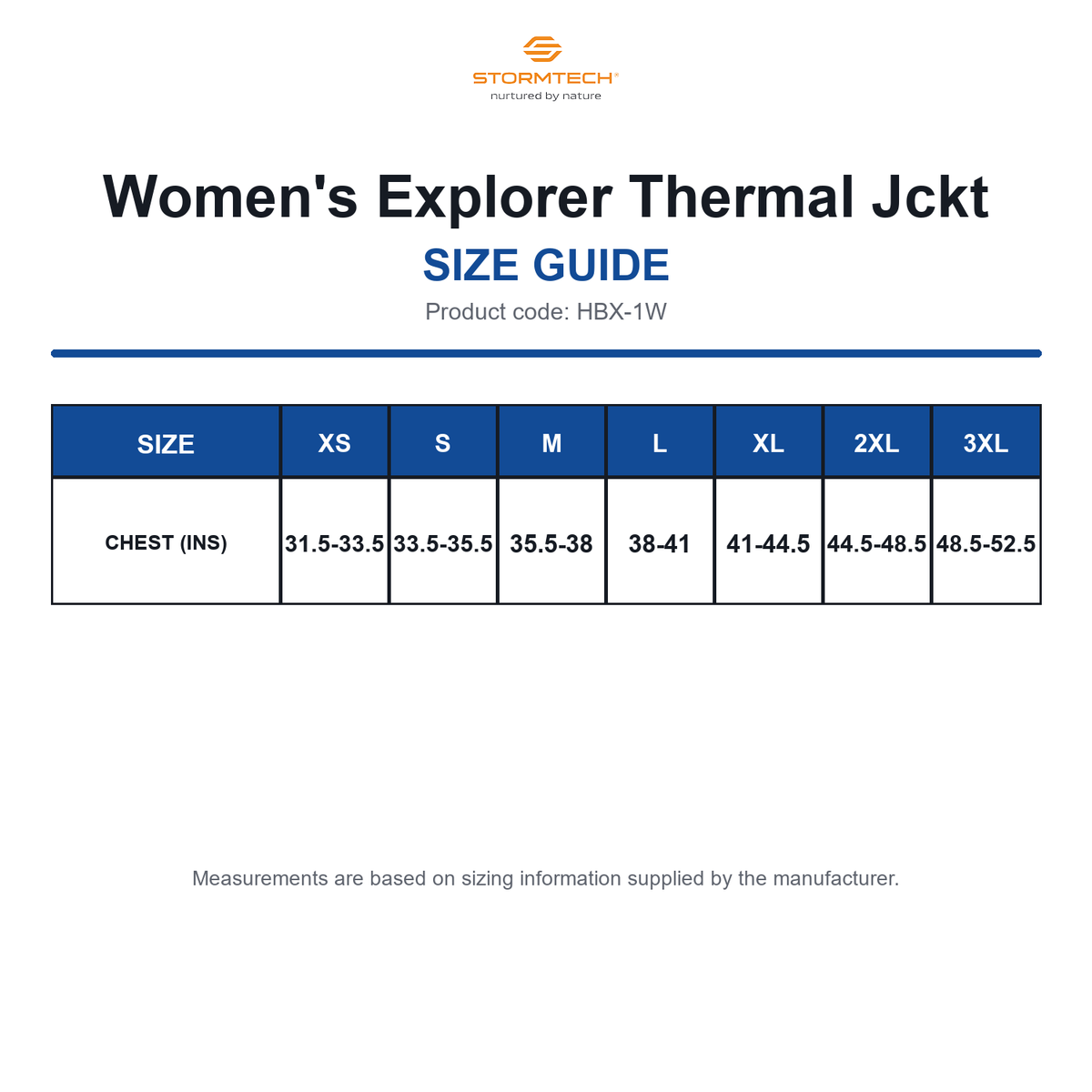 HBX-1W Stormtech Women's Explorer Thermal Jckt size guide (HBX-1W)