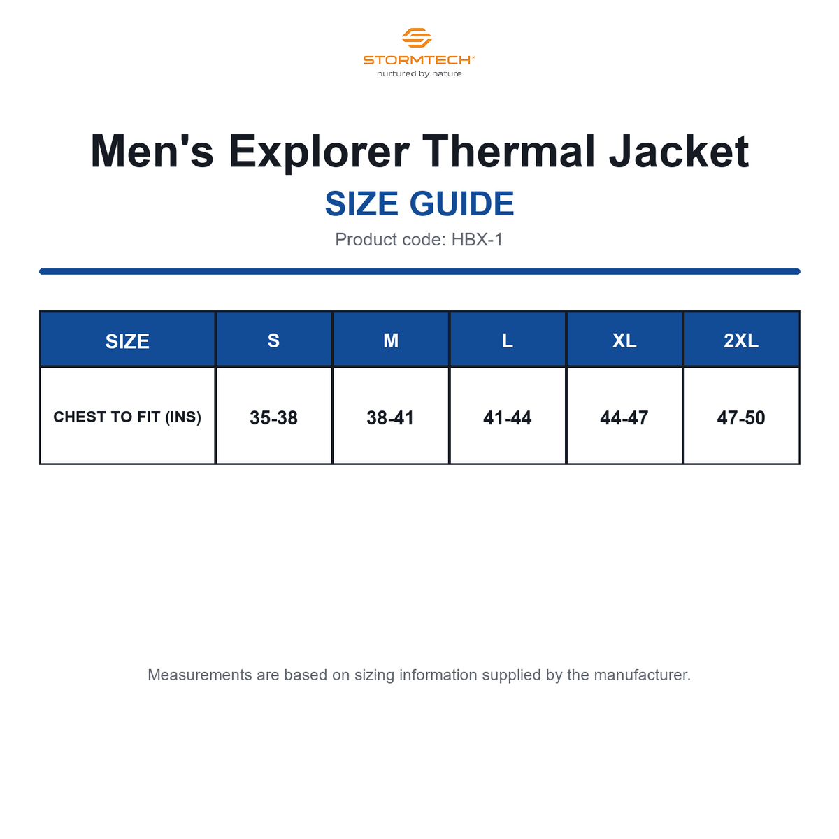 HBX-1 Stormtech Men's Explorer Thermal Jacket size guide (HBX-1)