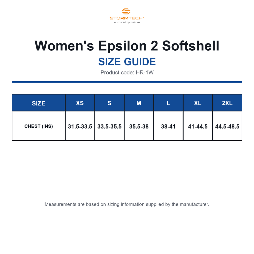 HR-1W Stormtech Women's Epsilon 2 Softshell size guide (HR-1W)