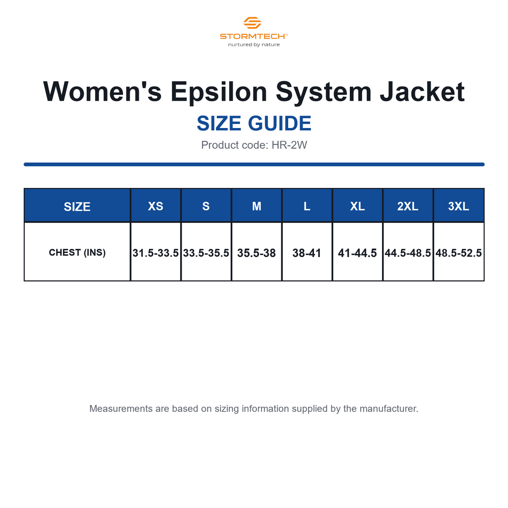 HR-2W Stormtech Women's Epsilon System Jacket size guide (HR-2W)