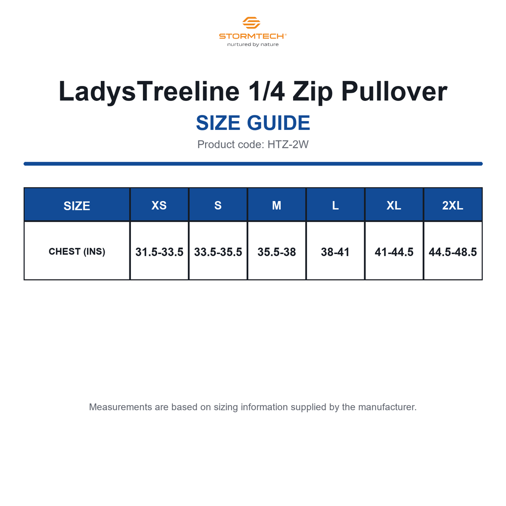 HTZ-2W Stormtech LadysTreeline 1/4 Zip Pullover size guide (HTZ-2W)