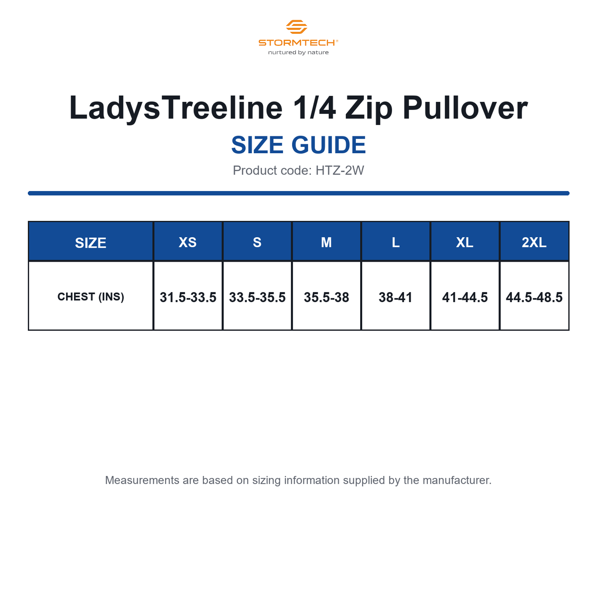 HTZ-2W Stormtech LadysTreeline 1/4 Zip Pullover size guide (HTZ-2W)