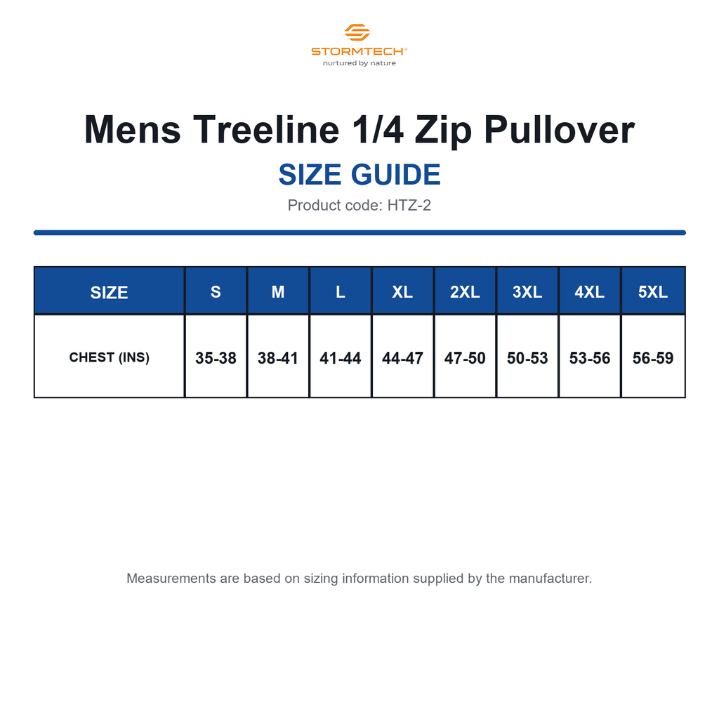 HTZ-2 Stormtech Mens Treeline 1/4 Zip Pullover size guide (HTZ-2)
