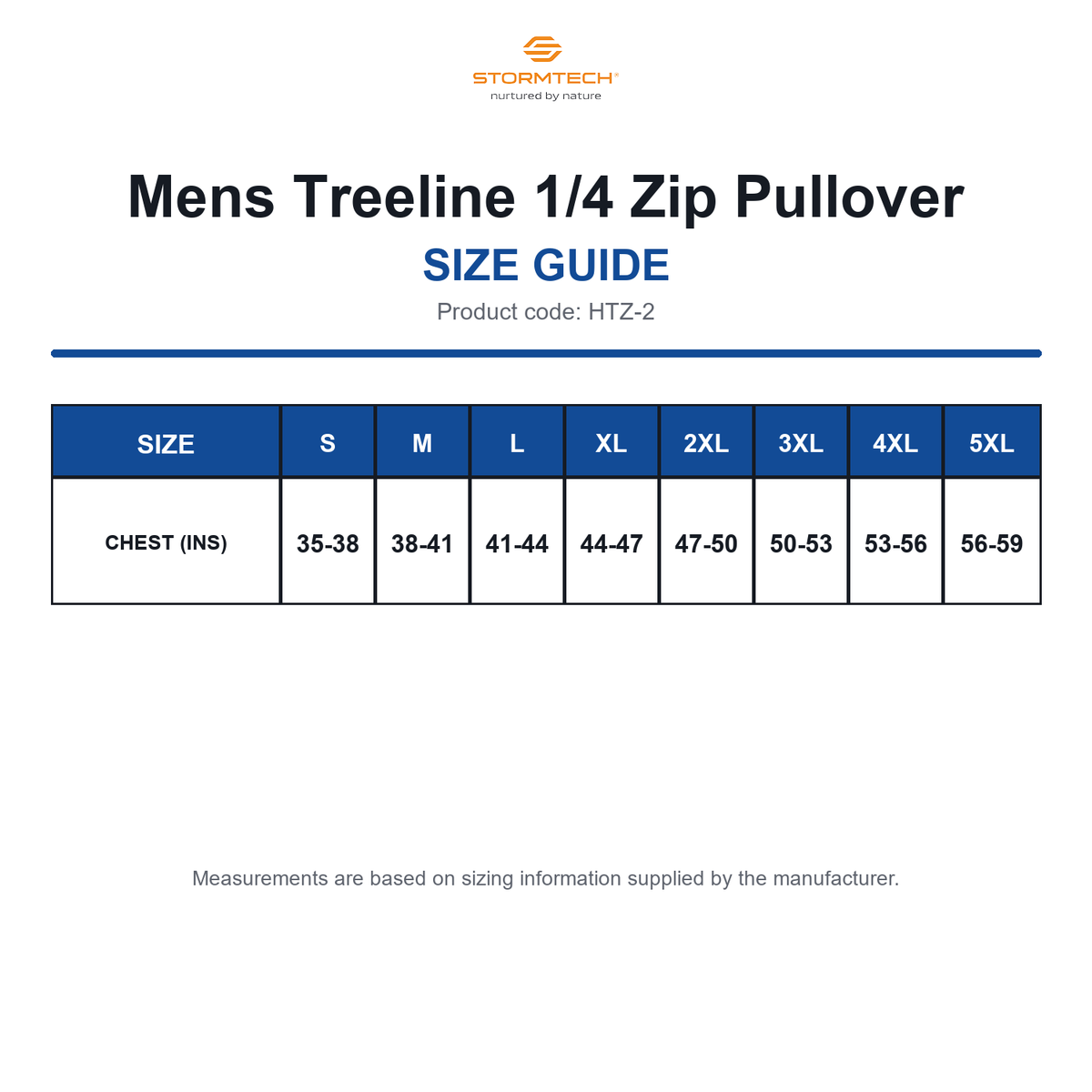 HTZ-2 Stormtech Mens Treeline 1/4 Zip Pullover size guide (HTZ-2)