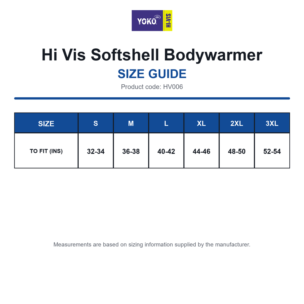 HV006 Yoko Hi Vis Softshell Bodywarmer size guide (HV006)