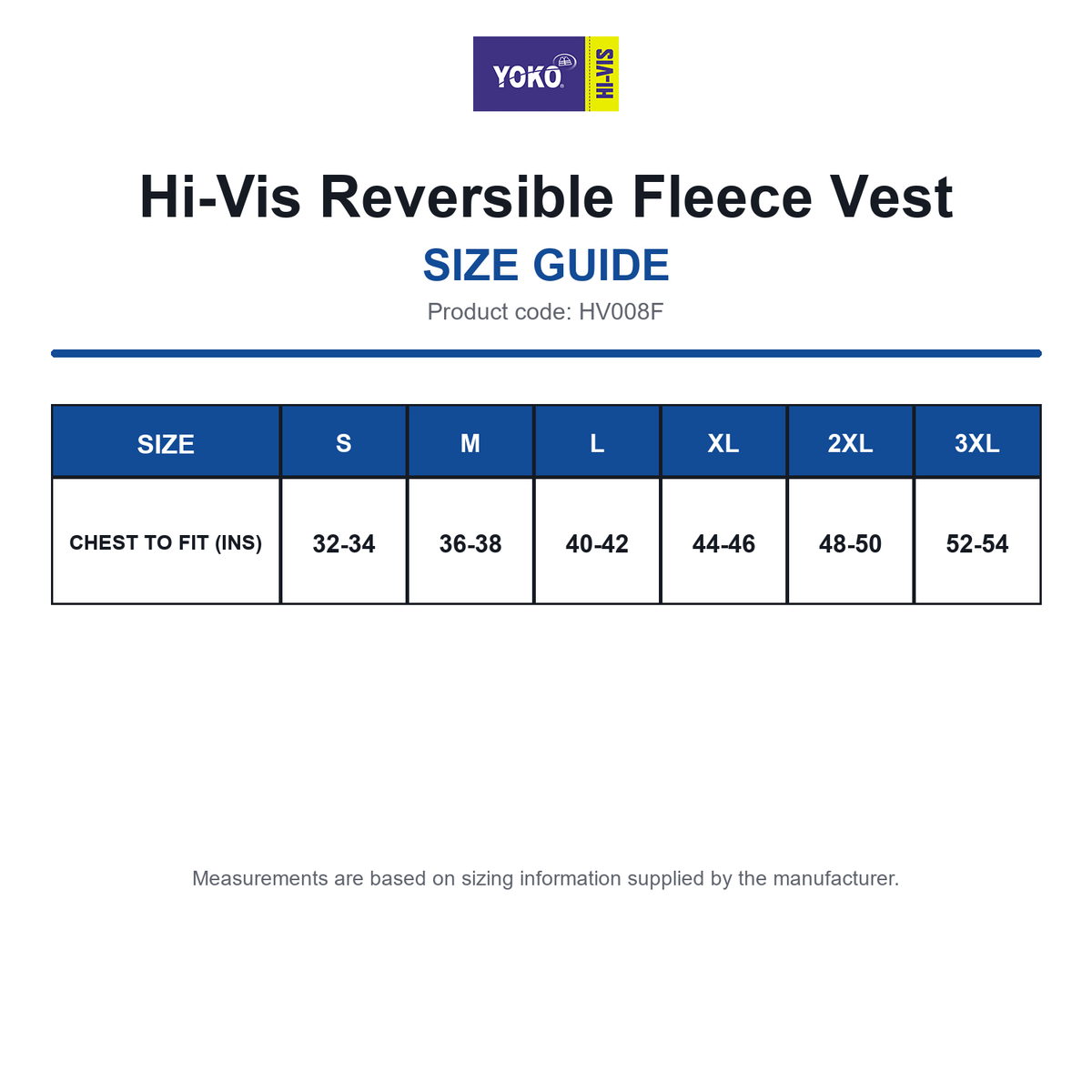 HV008F Yoko Hi-Vis Reversible Fleece Vest size guide (HV008F)