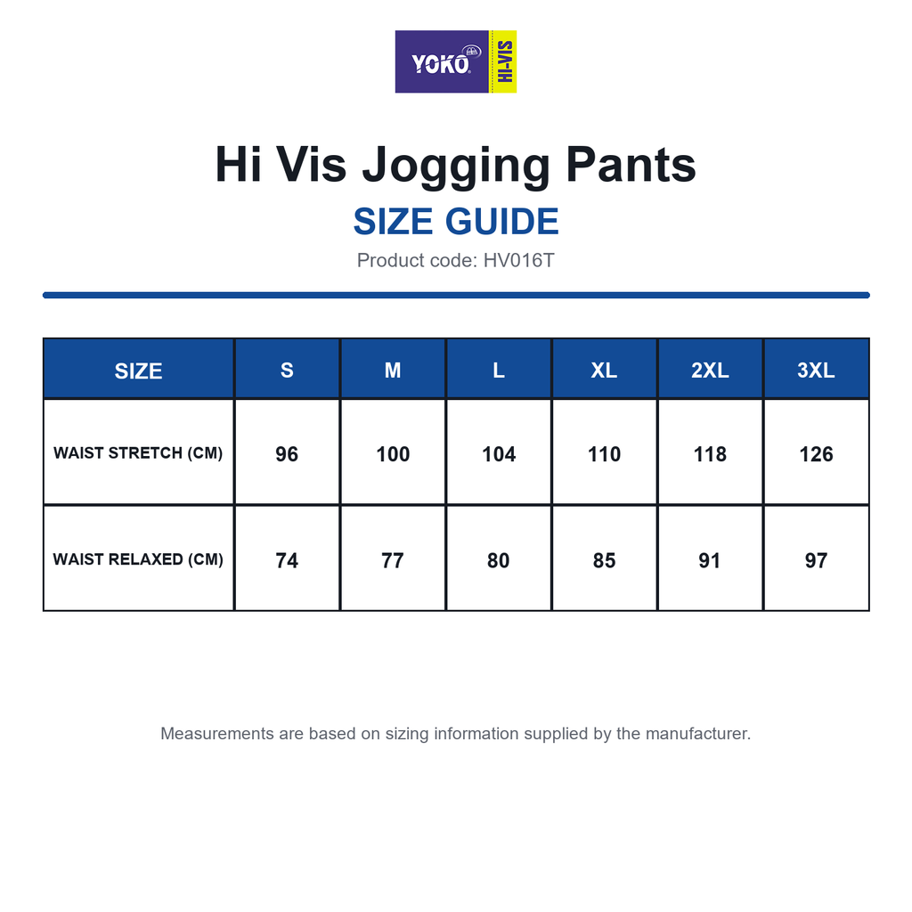 HV016T Yoko Hi Vis Jogging Pants size guide (HV016T)