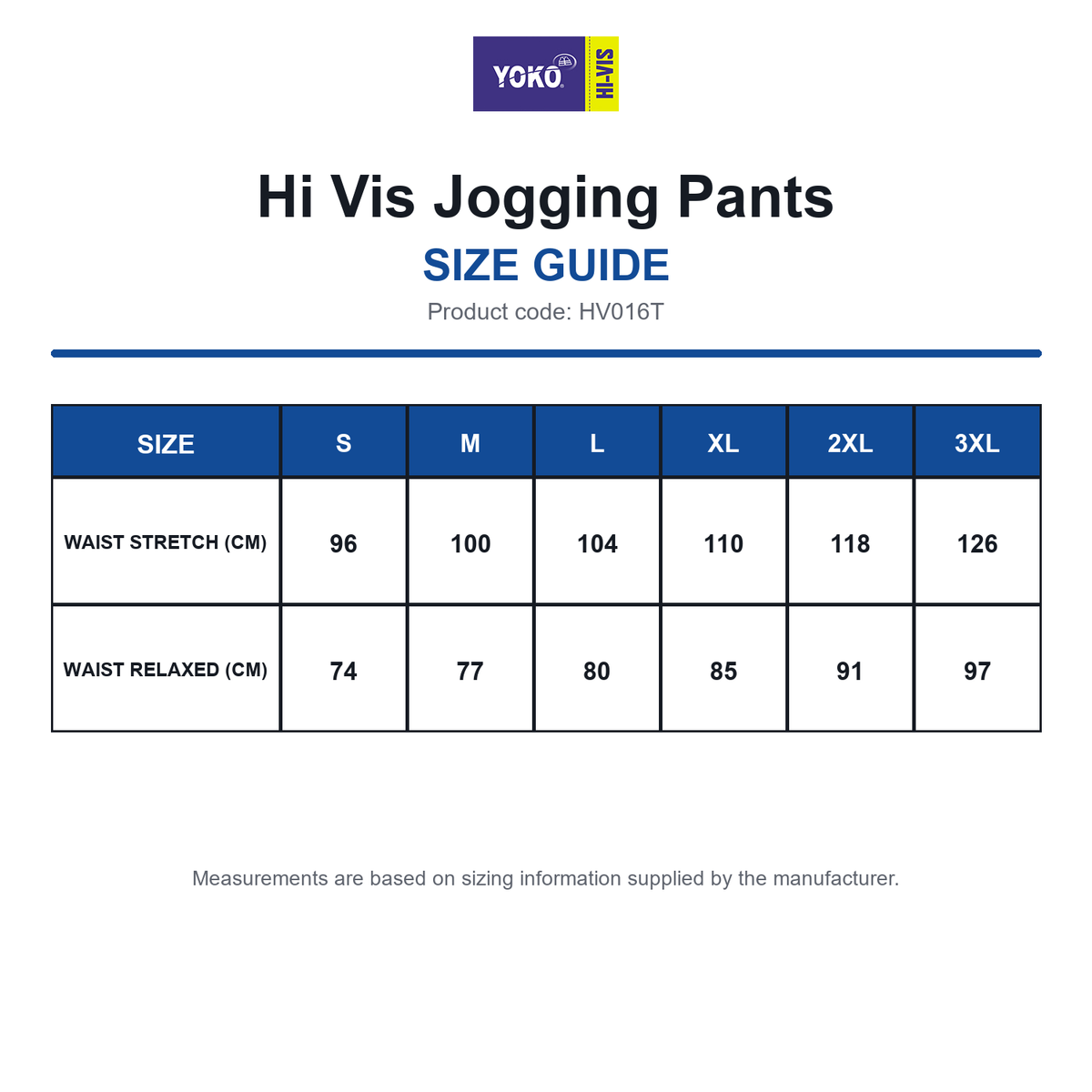 HV016T Yoko Hi Vis Jogging Pants size guide (HV016T)
