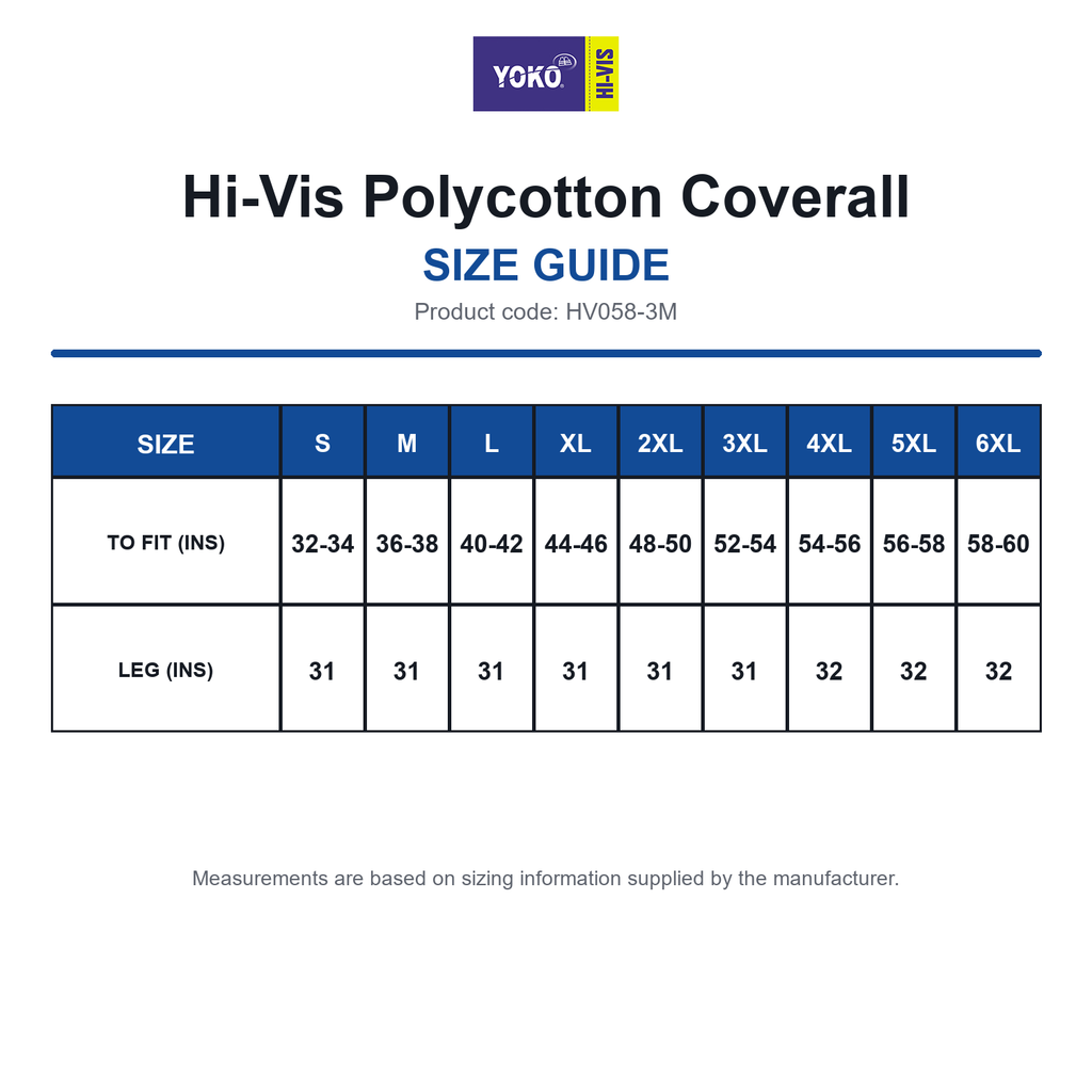 HV058-3M Yoko Hi-Vis Polycotton Coverall size guide (HV058-3M)