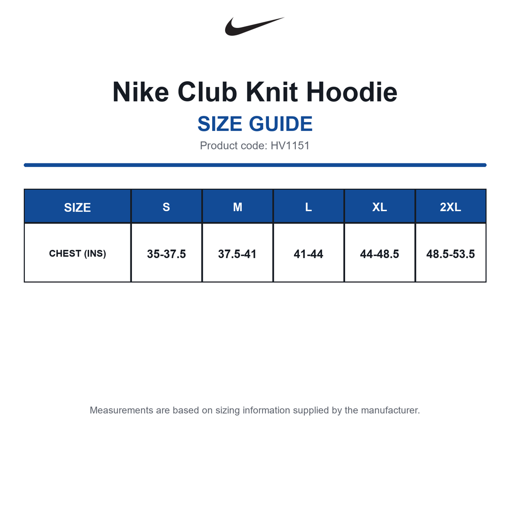 HV1151 Nike Club Knit Hoodie size guide (HV1151)