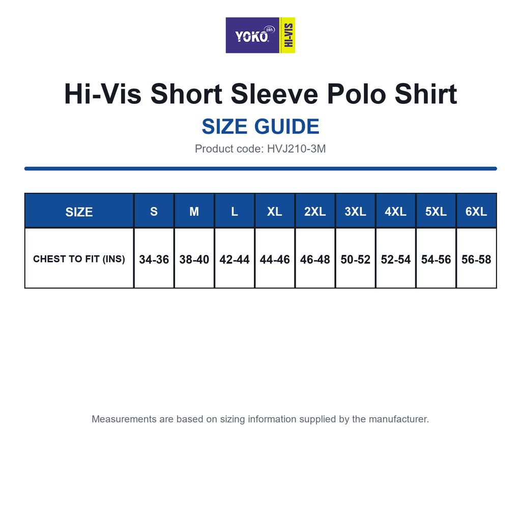 HVJ210-3M Yoko Hi-Vis Short Sleeve Polo Shirt size guide (HVJ210-3M)