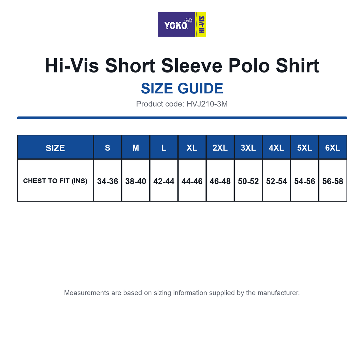 HVJ210-3M Yoko Hi-Vis Short Sleeve Polo Shirt size guide (HVJ210-3M)