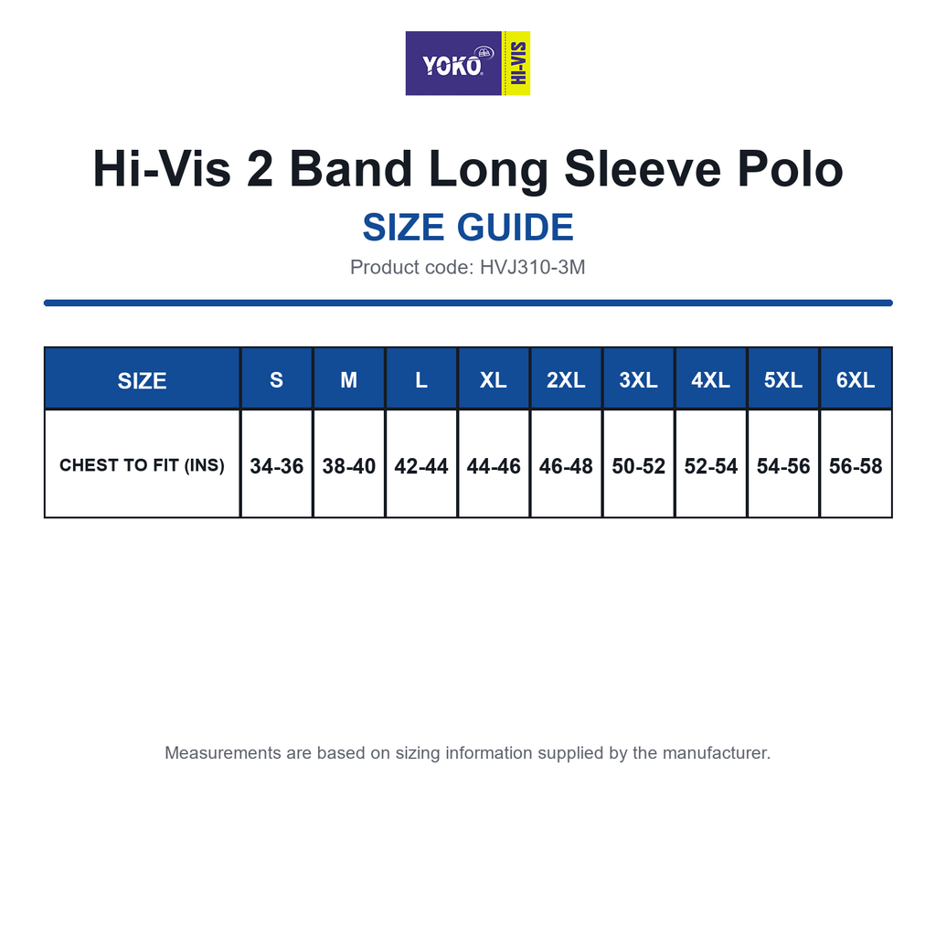 HVJ310-3M Yoko Hi-Vis 2 Band Long Sleeve Polo size guide (HVJ310-3M)