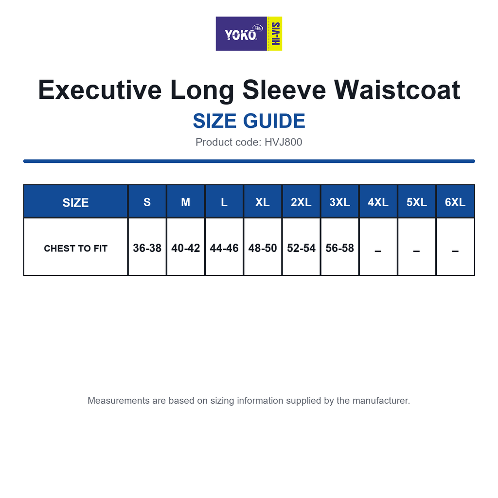 HVJ800 Yoko Executive Long Sleeve Waistcoat size guide (HVJ800)