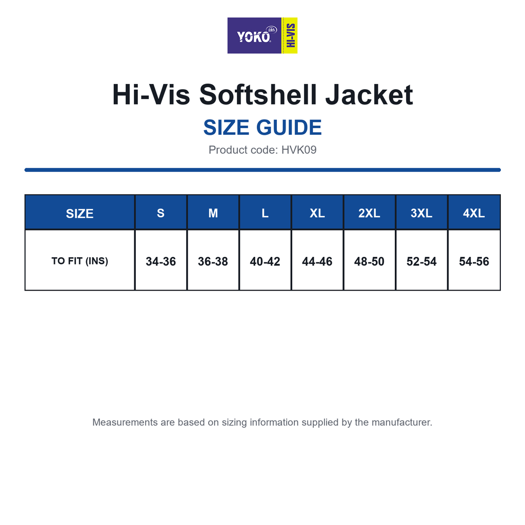 HVK09 Yoko Hi-Vis Softshell Jacket size guide (HVK09)