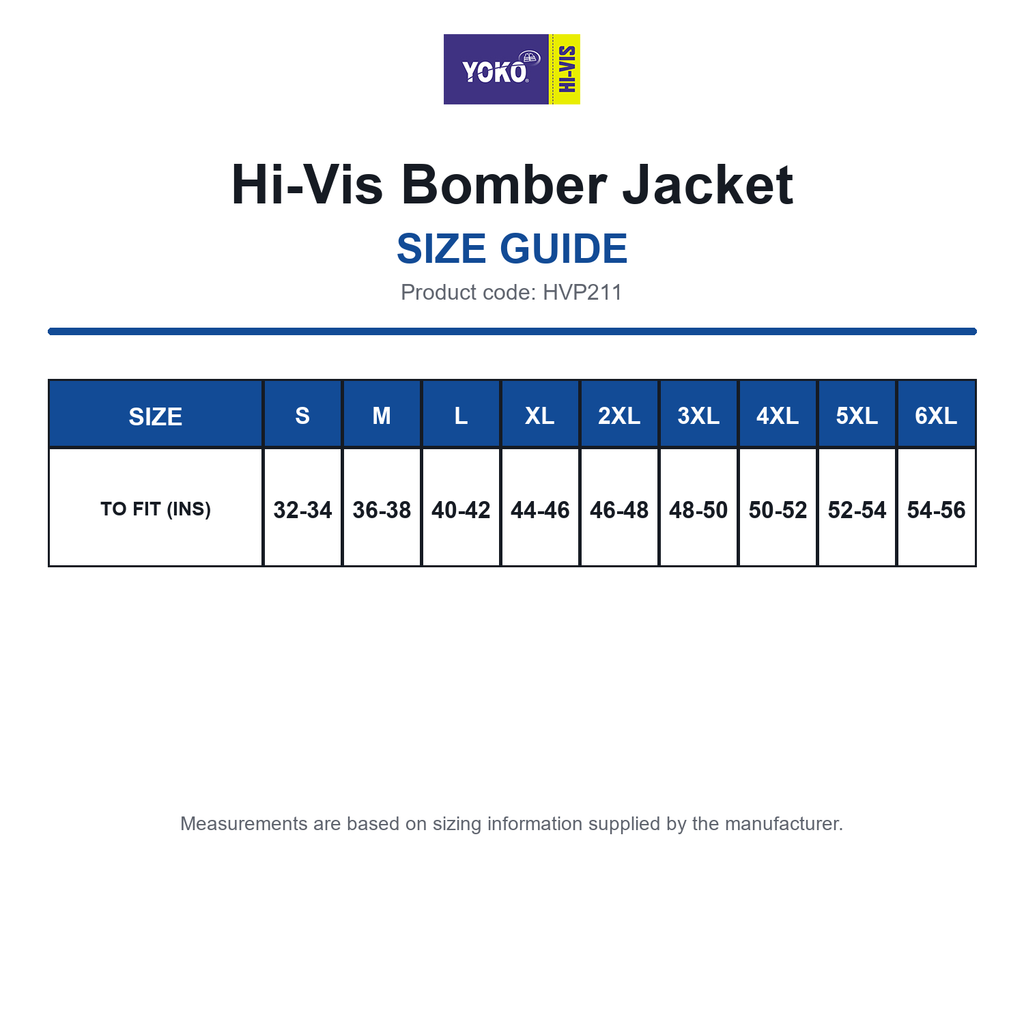 HVP211 Yoko Hi-Vis Bomber Jacket size guide (HVP211)