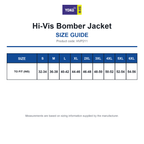 HVP211 Yoko Hi-Vis Bomber Jacket size guide (HVP211)