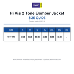 HVP218 Yoko Hi Vis 2 Tone Bomber Jacket size guide (HVP218)