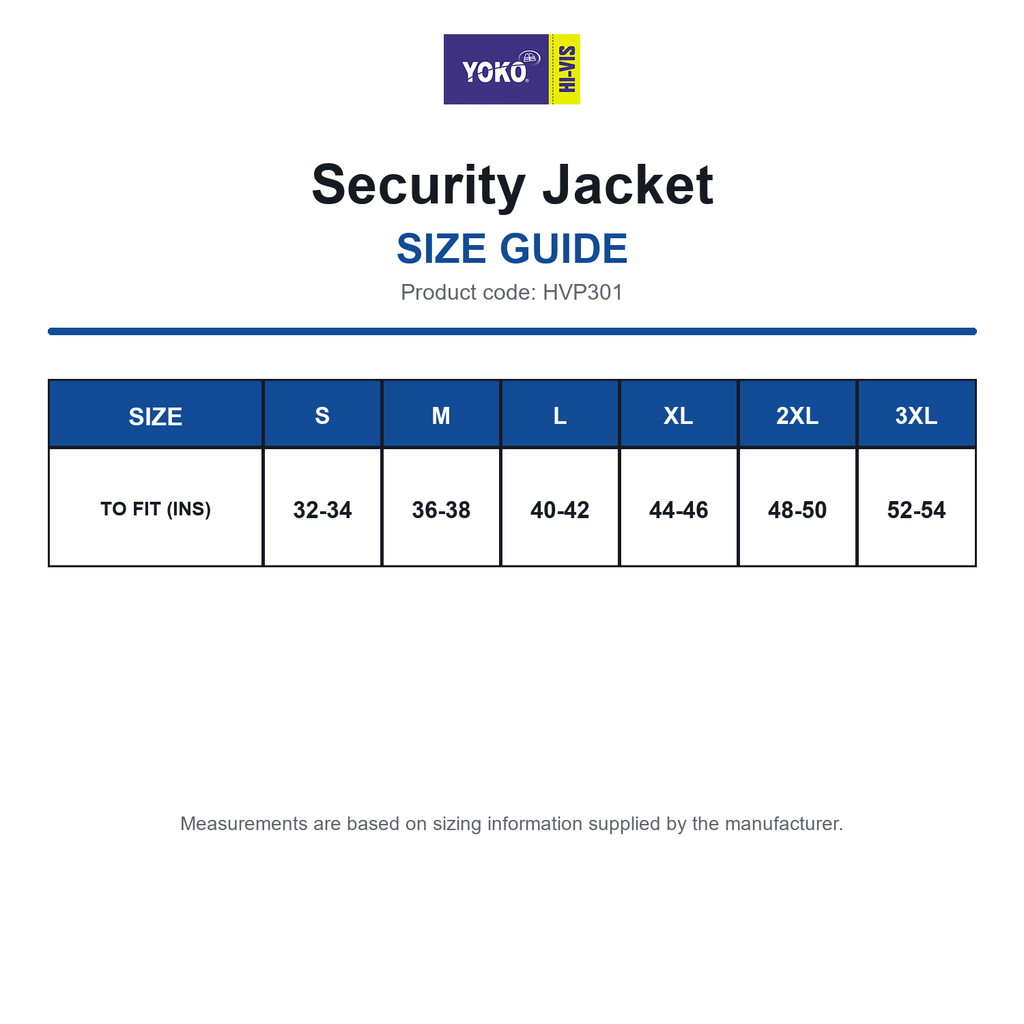HVP301 Yoko Security Jacket size guide (HVP301)
