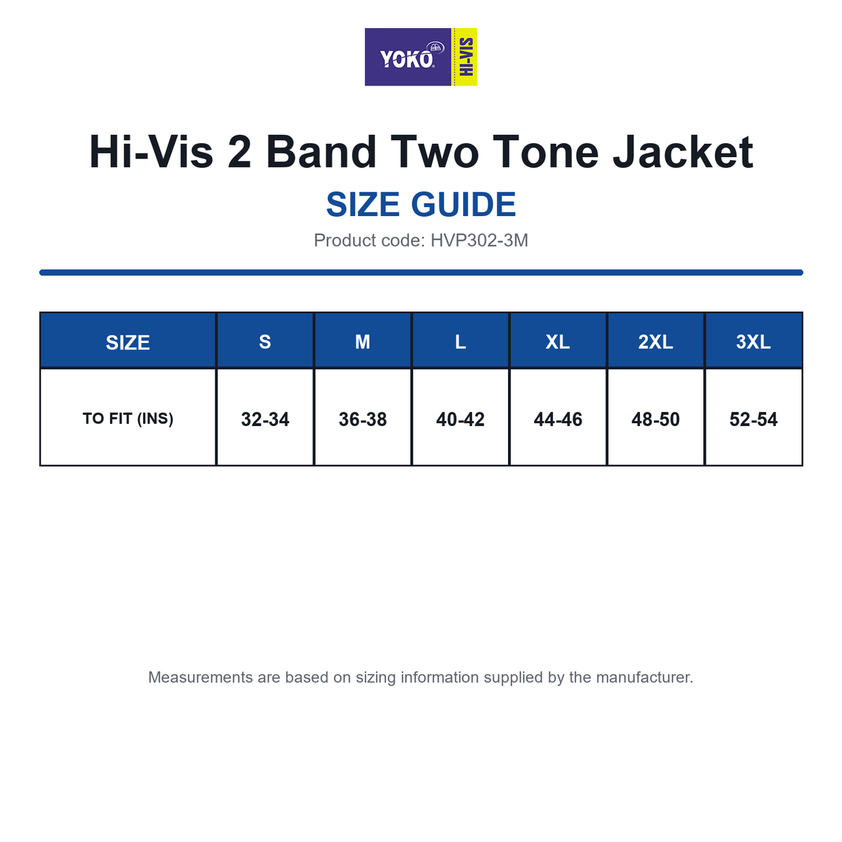 HVP302-3M Yoko Hi-Vis 2 Band Two Tone Jacket size guide (HVP302-3M)